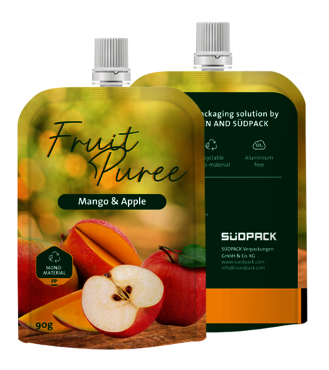 Spouted pouch packaging front and back with apple motif.