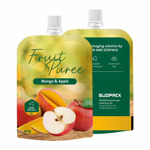 Spouted pouch packaging front and back with apple motif.