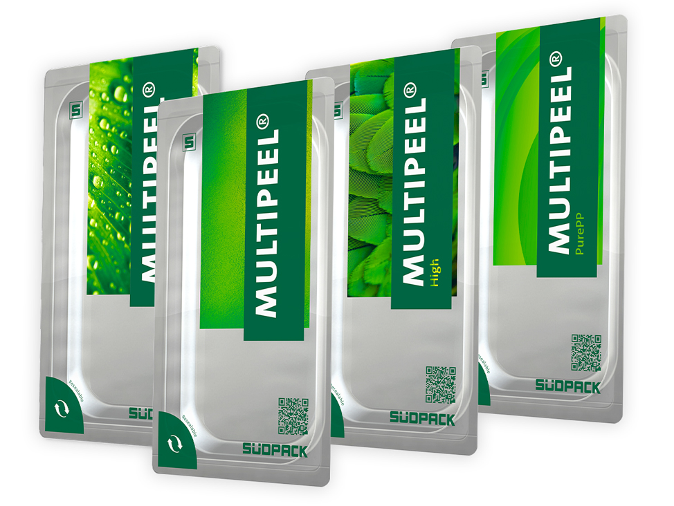 Dieses Bild zeigt das Portfolio der Multipeel® Folienverpackungen von SÜDPACK – Wiederverschließbare Verpackungslösungen für längere Haltbarkeit