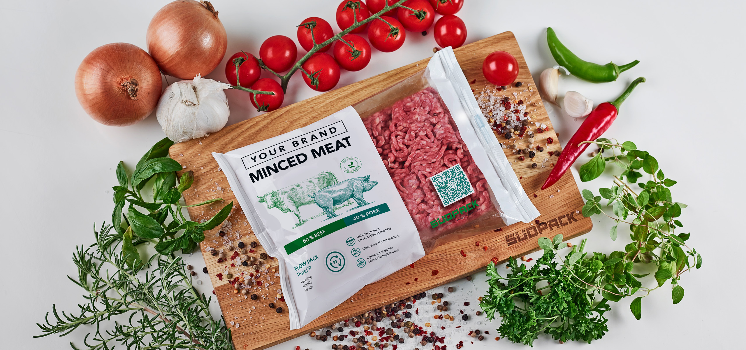 Flow pack packaging with minced meat
