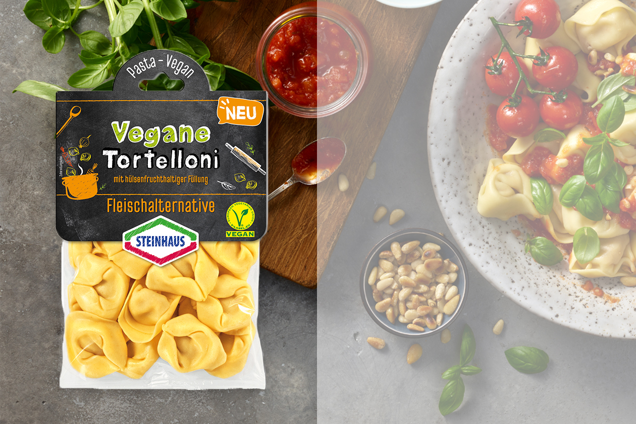 Flow pack packaging with fresh pasta, prepared pasta and ingredients in the background