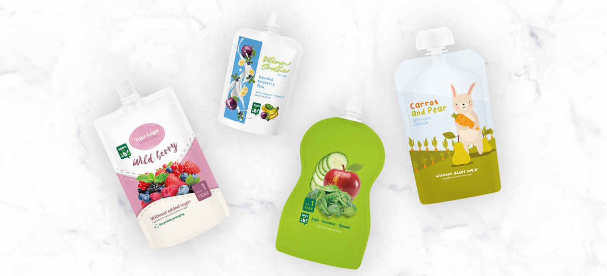 Different spouted pouches packshots on a marble background